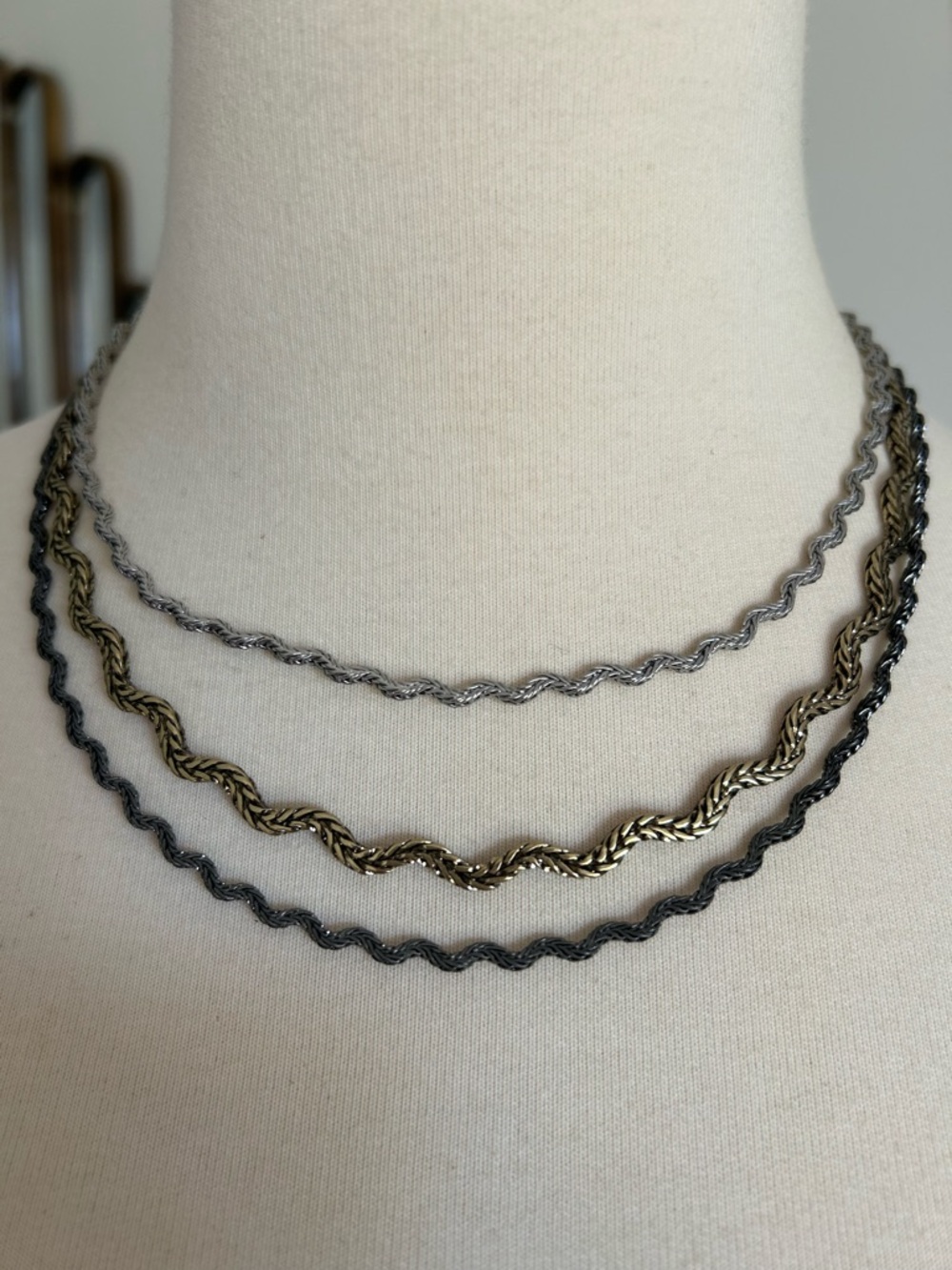 NWT Johnny Was Ric Rac Gold & Silver Necklace Triple Strand Mixed Metal Wavy